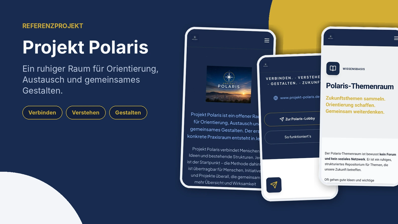 Referenzgrafik von Projekt Polaris mit Landingpage, Polaris-Lobby und Themenraum